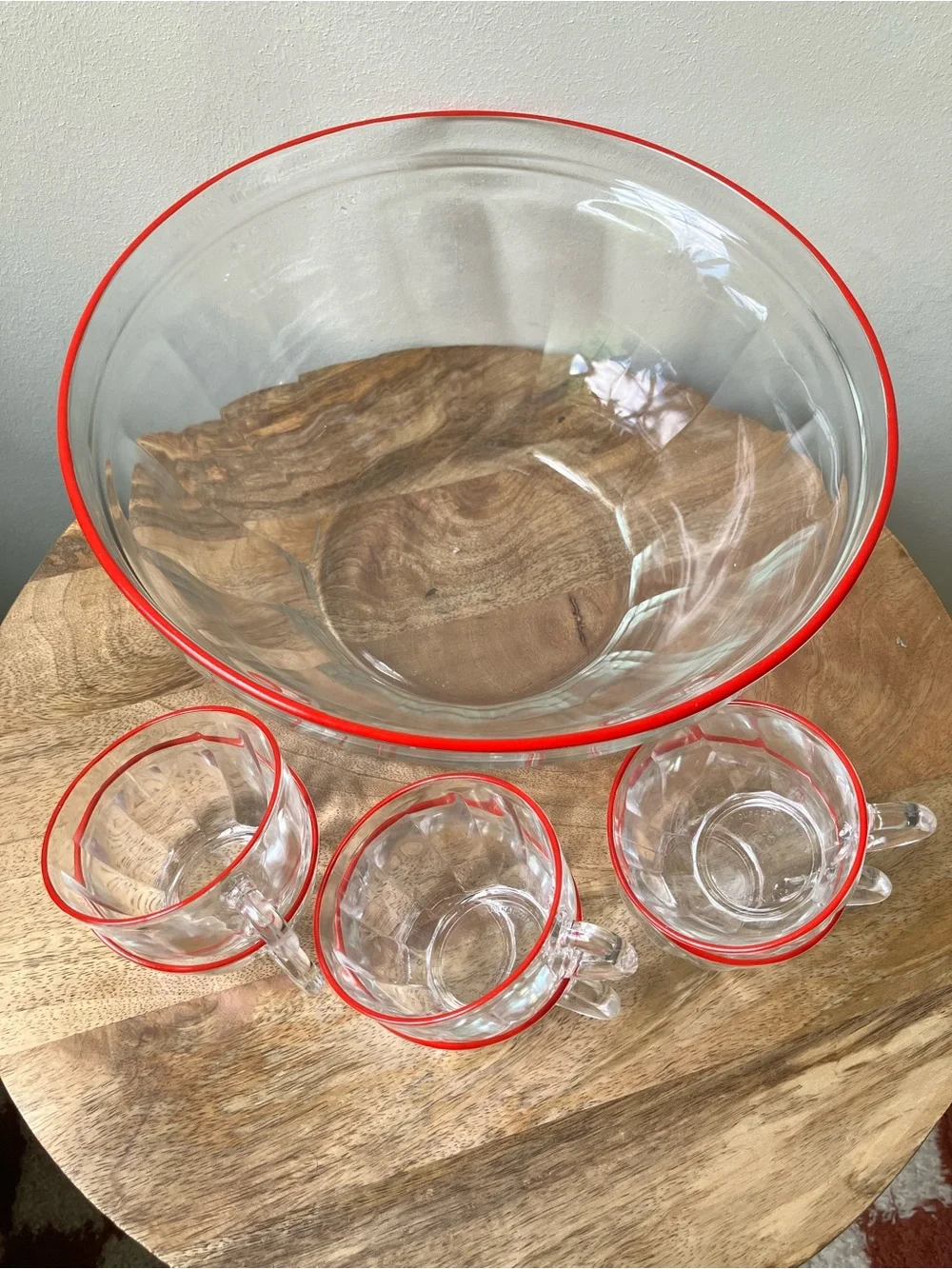 Duralex | Vintage 1950s MCM Red Rim Punch Bowl Set with 6 Clear Glass Cups